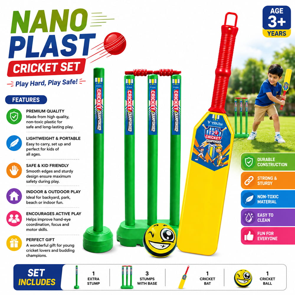 Volt Pro Nano Plastic Cricket Set is a fun and complete cricket game set for kids. It includes 1 plastic bat, 4 wickets, 2 wicket holders, and 1 soft ball for easy and enjoyable cricket play. Volt Pro Nano Plastic Cricket Set is a fun and complete cricket game set for kids. It includes 1 plastic bat, 4 wickets, 2 wicket holders, and 1 soft ball for easy and enjoyable cricket play.