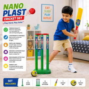Volt Pro Nano Plastic Cricket Set is a fun and complete cricket game set for kids. It includes 1 plastic bat, 4 wickets, 2 wicket holders, and 1 soft ball for easy and enjoyable cricket play. Volt Pro Nano Plastic Cricket Set is a fun and complete cricket game set for kids. It includes 1 plastic bat, 4 wickets, 2 wicket holders, and 1 soft ball for easy and enjoyable cricket play.