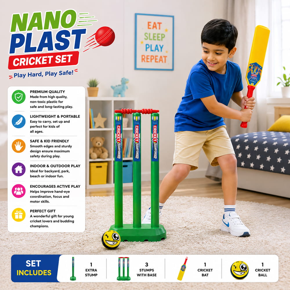 Volt Pro Nano Plastic Cricket Set is a fun and complete cricket game set for kids. It includes 1 plastic bat, 4 wickets, 2 wicket holders, and 1 soft ball for easy and enjoyable cricket play. Volt Pro Nano Plastic Cricket Set is a fun and complete cricket game set for kids. It includes 1 plastic bat, 4 wickets, 2 wicket holders, and 1 soft ball for easy and enjoyable cricket play.
