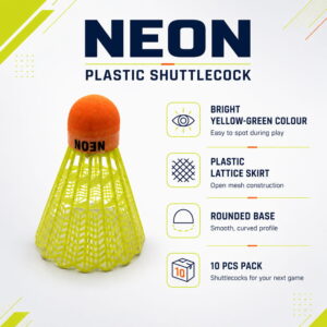 Volt Pro Neon Green Plastic Badminton Shuttlecock Pack of 10 is designed for regular practice, training sessions, and recreational badminton. The durable plastic construction with a neon cork base provides reliable balance and stable flight during play.