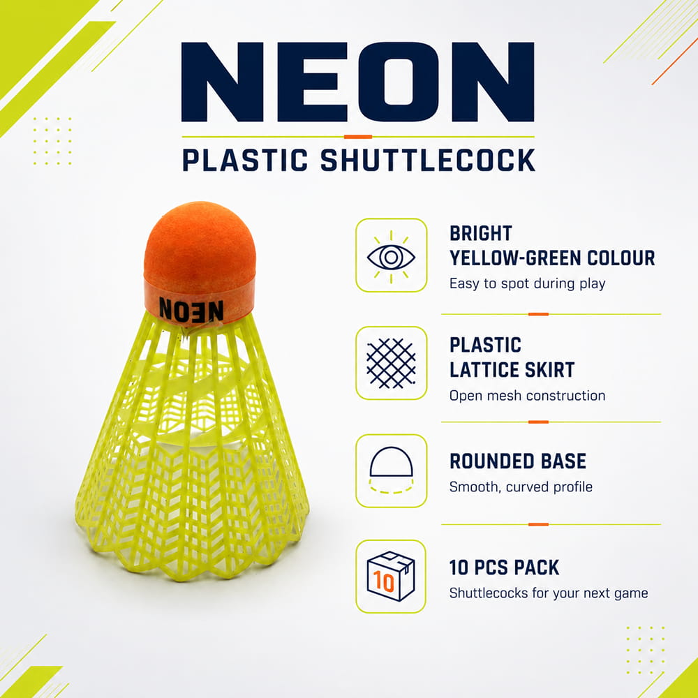 Volt Pro Neon Green Plastic Badminton Shuttlecock Pack of 10 is designed for regular practice, training sessions, and recreational badminton. The durable plastic construction with a neon cork base provides reliable balance and stable flight during play.