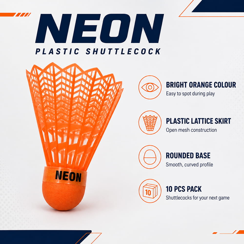 Volt Pro Neon Orange Plastic Badminton Shuttlecock Pack of 10 is designed for regular practice, training sessions, and recreational badminton. The durable plastic construction with a neon cork base provides reliable balance and stable flight during play.