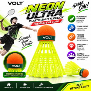 Volt Pro Neon Ultra EVA Cock Plastic Green Shuttlecock Pack of 10 is designed for regular badminton practice and recreational play. It features a durable plastic skirt with an EVA cork base for reliable handling and consistent flight. Suitable for training, beginners, and outdoor play. Volt Pro Neon Ultra EVA Cock Plastic Green Shuttlecock Pack of 10 is designed for regular badminton practice and recreational play. It features a durable plastic skirt with an EVA cork base for reliable handling and consistent flight. Suitable for training, beginners, and outdoor play.