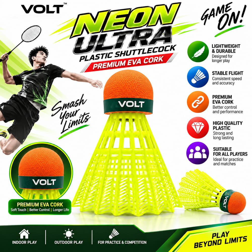 Volt Pro Neon Ultra EVA Cock Plastic Green Shuttlecock Pack of 10 is designed for regular badminton practice and recreational play. It features a durable plastic skirt with an EVA cork base for reliable handling and consistent flight. Suitable for training, beginners, and outdoor play. Volt Pro Neon Ultra EVA Cock Plastic Green Shuttlecock Pack of 10 is designed for regular badminton practice and recreational play. It features a durable plastic skirt with an EVA cork base for reliable handling and consistent flight. Suitable for training, beginners, and outdoor play.