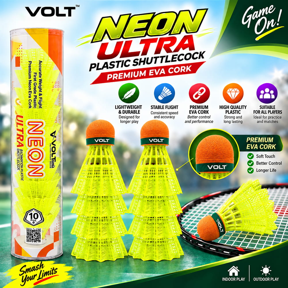 Volt Pro Neon Ultra EVA Cock Plastic Green Shuttlecock Pack of 10 is designed for regular badminton practice and recreational play. It features a durable plastic skirt with an EVA cork base for reliable handling and consistent flight. Suitable for training, beginners, and outdoor play. Volt Pro Neon Ultra EVA Cock Plastic Green Shuttlecock Pack of 10 is designed for regular badminton practice and recreational play. It features a durable plastic skirt with an EVA cork base for reliable handling and consistent flight. Suitable for training, beginners, and outdoor play.