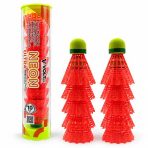 " Volt Pro Neon Ultra EVA Cock Plastic Orange Shuttlecock Pack of 10 is designed for regular badminton practice and recreational play. It features a durable plastic skirt with an EVA cork base for reliable handling and consistent flight. Suitable for training, beginners, and outdoor play."