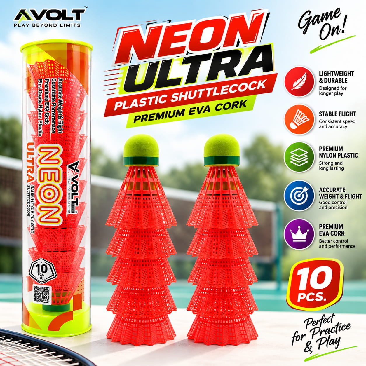 " Volt Pro Neon Ultra EVA Cock Plastic Orange Shuttlecock Pack of 10 is designed for regular badminton practice and recreational play. It features a durable plastic skirt with an EVA cork base for reliable handling and consistent flight. Suitable for training, beginners, and outdoor play." " Volt Pro Neon Ultra EVA Cock Plastic Orange Shuttlecock Pack of 10 is designed for regular badminton practice and recreational play. It features a durable plastic skirt with an EVA cork base for reliable handling and consistent flight. Suitable for training, beginners, and outdoor play."