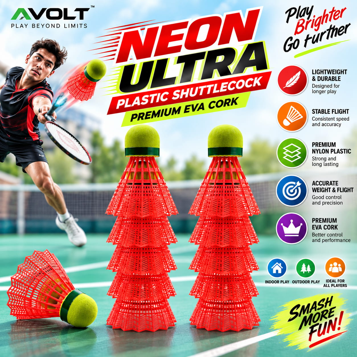 " Volt Pro Neon Ultra EVA Cock Plastic Orange Shuttlecock Pack of 10 is designed for regular badminton practice and recreational play. It features a durable plastic skirt with an EVA cork base for reliable handling and consistent flight. Suitable for training, beginners, and outdoor play." " Volt Pro Neon Ultra EVA Cock Plastic Orange Shuttlecock Pack of 10 is designed for regular badminton practice and recreational play. It features a durable plastic skirt with an EVA cork base for reliable handling and consistent flight. Suitable for training, beginners, and outdoor play."