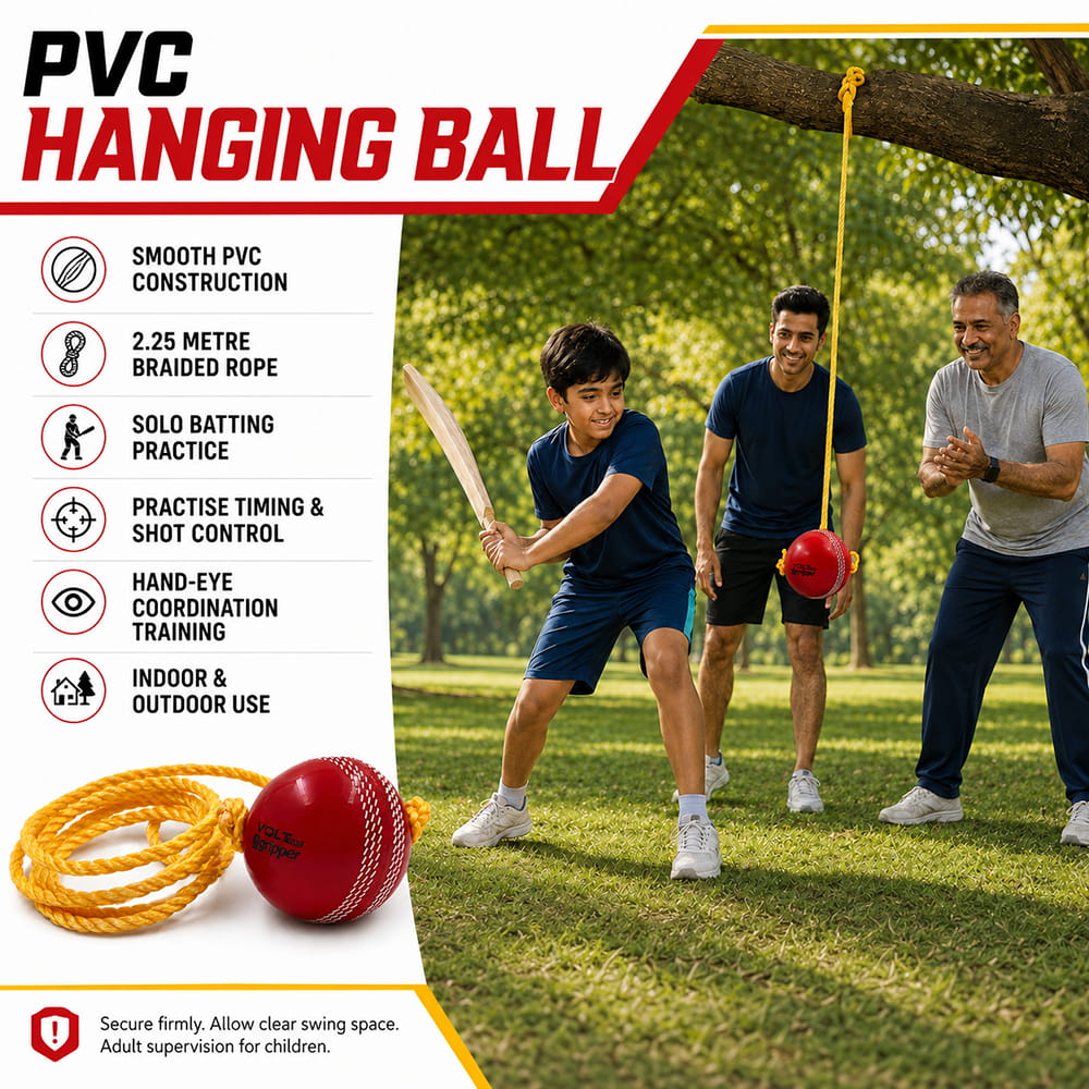 Volt Pro PVC Hanging Cricket Practice Ball is designed for solo batting practice and cricket training. The PVC ball comes attached with a 2.25-meter hanging rope, allowing easy setup for batting practice without needing a bowling partner. Suitable for kids, beginners, and cricket players. Volt Pro PVC Hanging Cricket Practice Ball is designed for solo batting practice and cricket training. The PVC ball comes attached with a 2.25-meter hanging rope, allowing easy setup for batting practice without needing a bowling partner. Suitable for kids, beginners, and cricket players.
