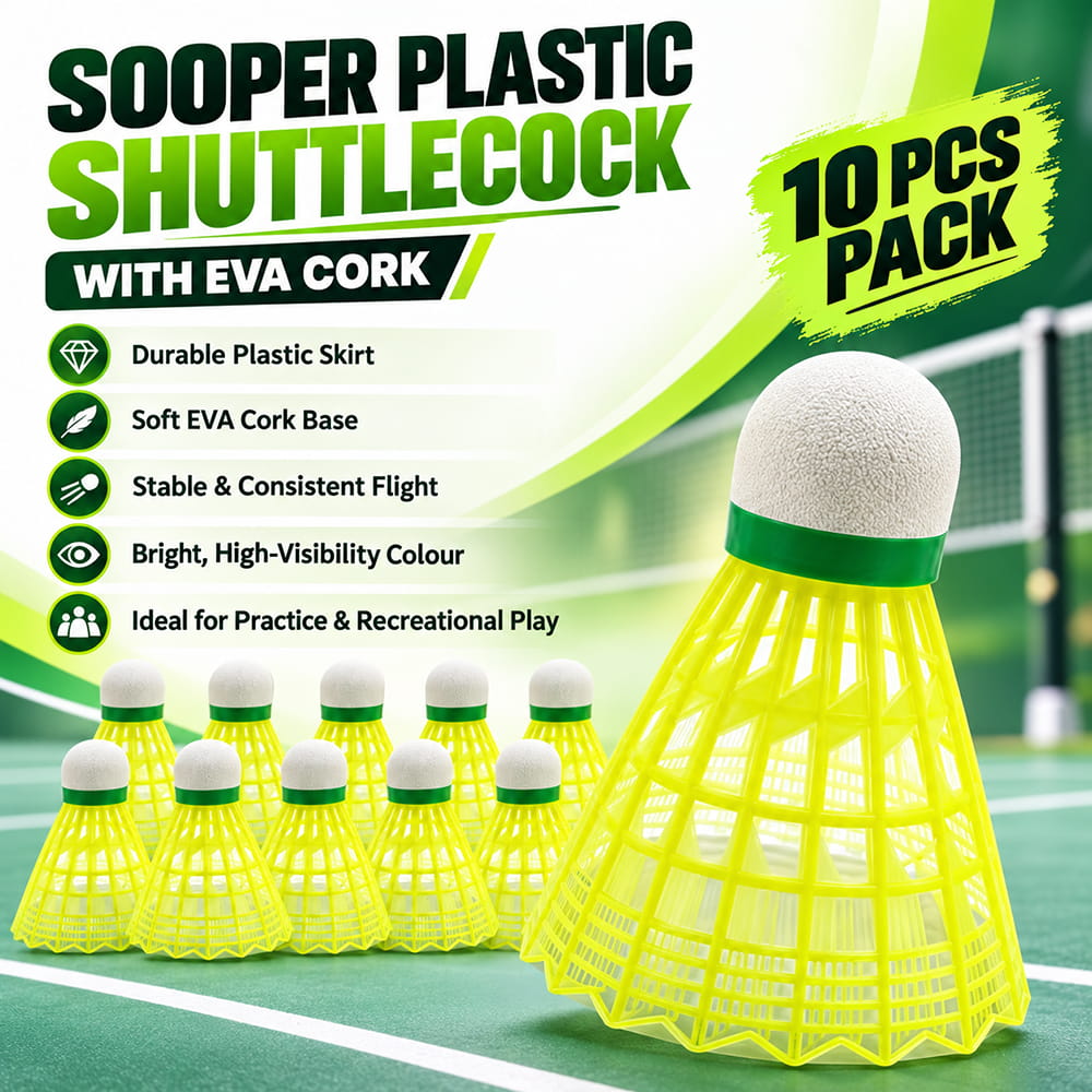 Volt Pro Super Plastic Shuttlecocks in yellow colour are designed for badminton practice and recreational play. The pack includes 10 shuttlecocks for regular use.