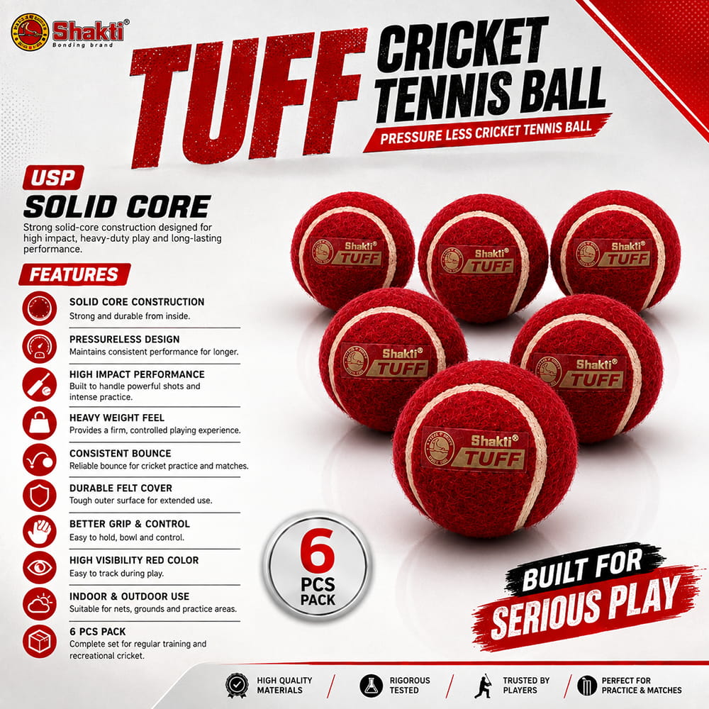 Volt Pro Tuff Pressureless Red Cricket Tennis Balls are designed for long-lasting use with a solid rubber core and consistent bounce. Suitable for cricket practice, training, matches, and gully cricket.