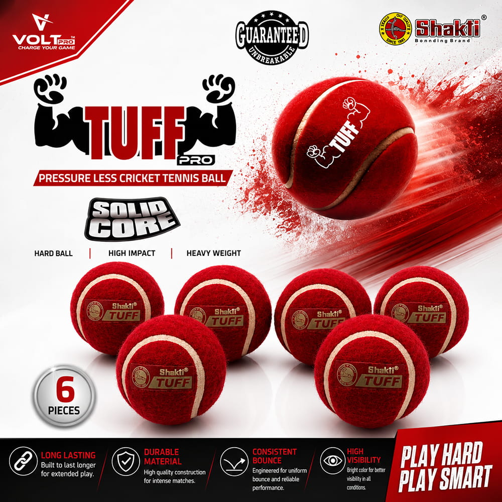 Volt Pro Tuff Pressureless Red Cricket Tennis Balls are designed for long-lasting use with a solid rubber core and consistent bounce. Suitable for cricket practice, training, matches, and gully cricket.
