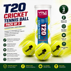 Volt Pro Twenty Cricket Tennis Balls are lightweight economy-grade balls designed for regular cricket practice and outdoor play. The durable rubber core provides easy handling and reliable performance for beginners and casual players.