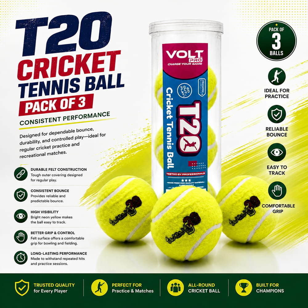 Volt Pro Twenty Cricket Tennis Balls are lightweight economy-grade balls designed for regular cricket practice and outdoor play. The durable rubber core provides easy handling and reliable performance for beginners and casual players.