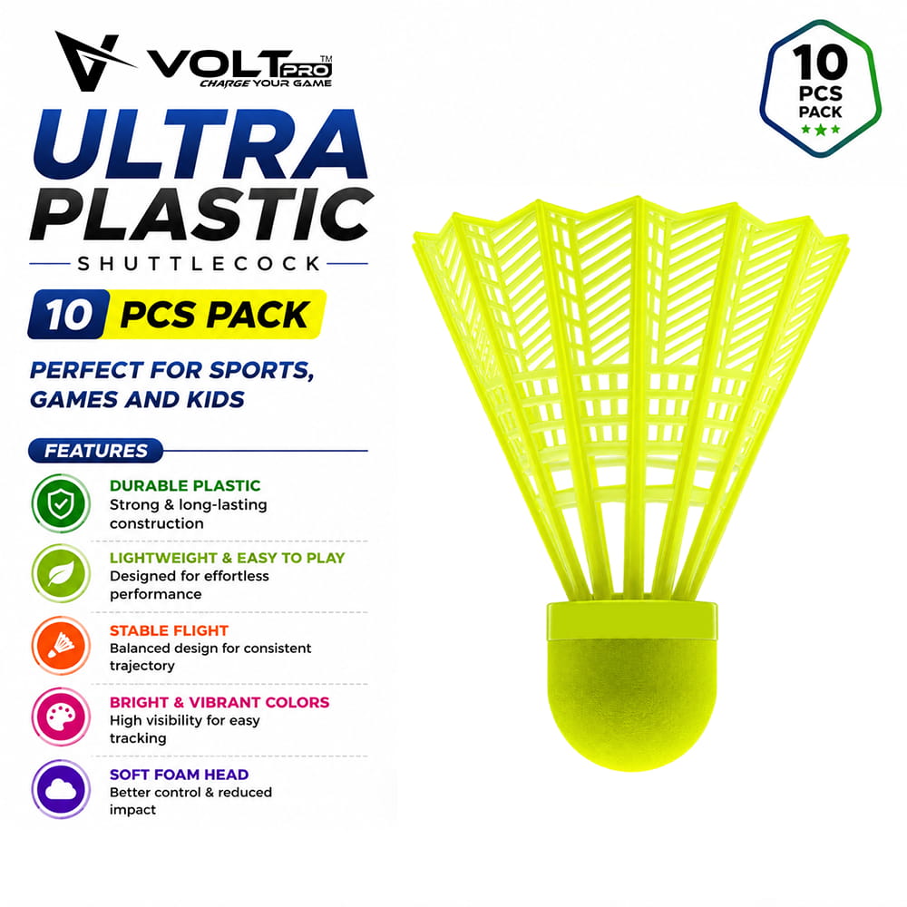 Volt Pro Ultra Coloured Badminton Shuttlecocks feature a premium EVA cork base and durable plastic skirt for stable flight and reliable performance. Suitable for practice, training, and regular badminton play.