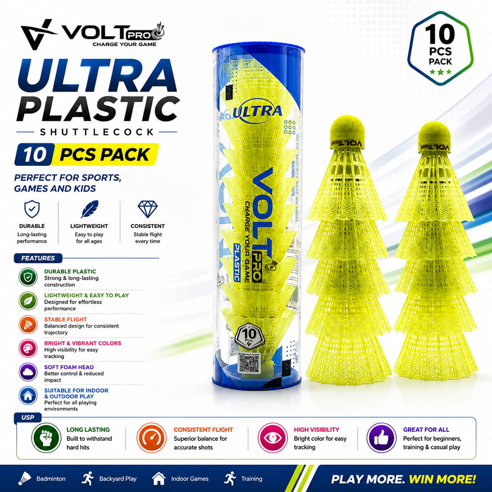 Volt Pro Ultra Badminton Shuttlecocks feature a premium EVA cork base and durable plastic skirt for stable flight and reliable performance. Suitable for practice, training, and regular badminton play.