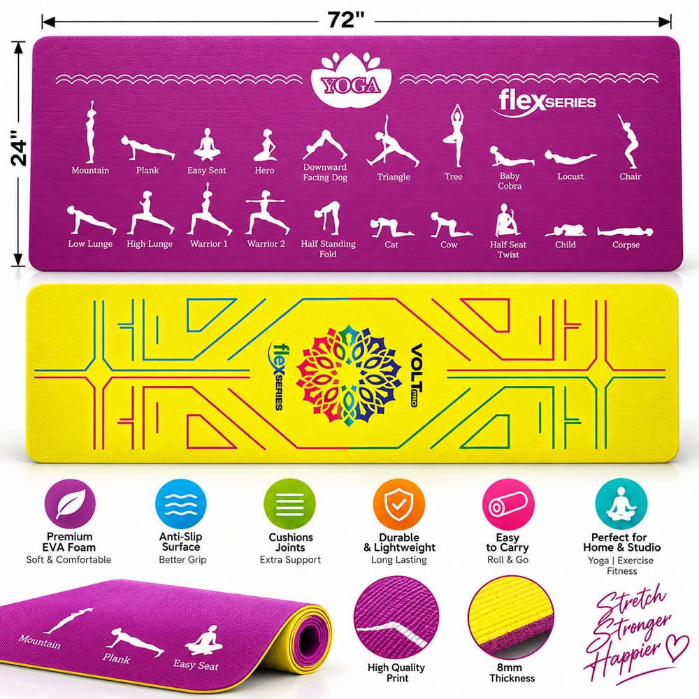 Volt Pro UV Printed Yoga Mat features printed yoga pose instructions to help guide your practice. Made with a soft dual-layer design and anti-skid surface, it is easy to roll, unroll, and carry with the included carry bag. Volt Pro UV Printed Yoga Mat features printed yoga pose instructions to help guide your practice. Made with a soft dual-layer design and anti-skid surface, it is easy to roll, unroll, and carry with the included carry bag.