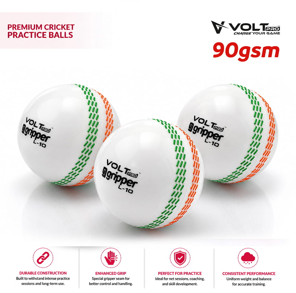 Volt Pro Tricolour Wind Balls are designed for swing and seam bowling practice. With a 90g lightweight construction and tri-coloured seam, they offer easy visibility and handling during cricket training and recreational play.