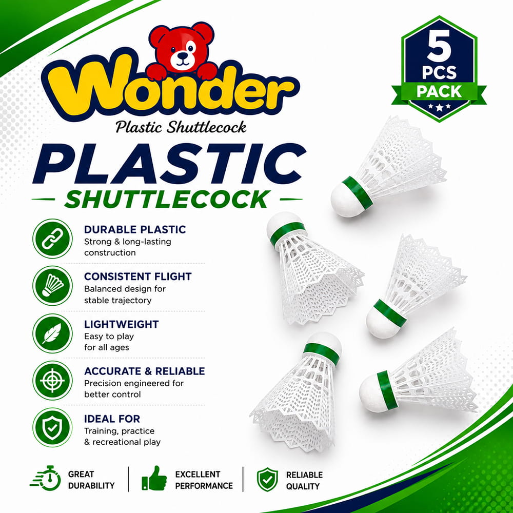 Volt Pro Wonder White Plastic Shuttlecocks are designed with premium-quality plastic construction for stable flight and reliable performance. The set includes 5 shuttlecocks with a transparent tube for convenient storage and carrying.