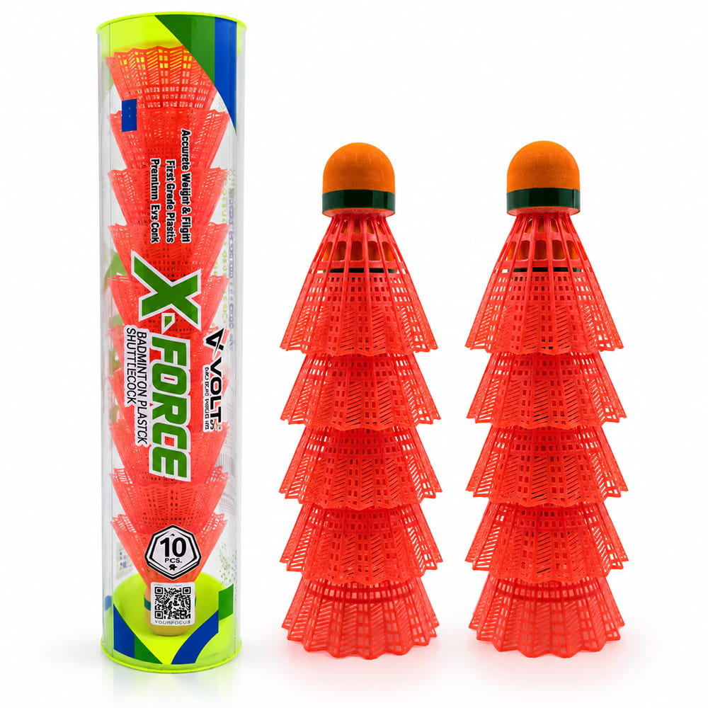 Volt Pro X-Force EVA Cork Plastic Shuttlecock Pack of 10 is designed for regular badminton practice and recreational play. It features an EVA cork base with a durable plastic skirt for comfortable handling and reliable flight. Suitable for beginners, training, and outdoor games.