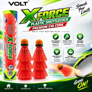 Volt Pro X-Force EVA Cork Plastic Shuttlecock Pack of 10 is designed for regular badminton practice and recreational play. It features an EVA cork base with a durable plastic skirt for comfortable handling and reliable flight. Suitable for beginners, training, and outdoor games.