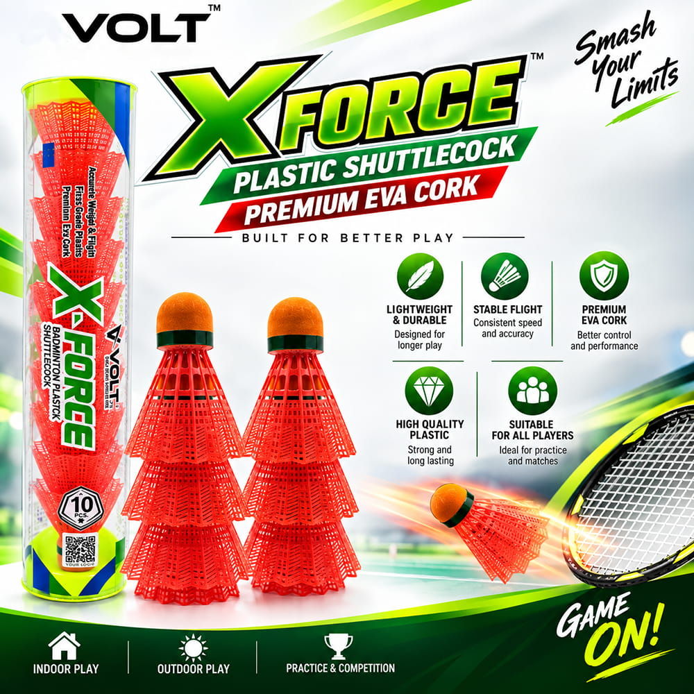 Volt Pro X-Force EVA Cork Plastic Shuttlecock Pack of 10 is designed for regular badminton practice and recreational play. It features an EVA cork base with a durable plastic skirt for comfortable handling and reliable flight. Suitable for beginners, training, and outdoor games.