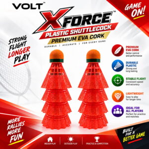 Volt Pro X-Force EVA Cork Plastic Shuttlecock Pack of 10 is designed for regular badminton practice and recreational play. It features an EVA cork base with a durable plastic skirt for comfortable handling and reliable flight. Suitable for beginners, training, and outdoor games.