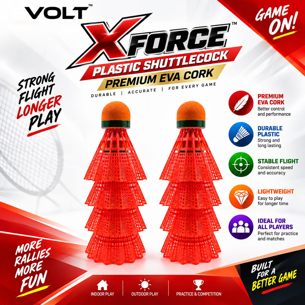 Volt Pro X-Force EVA Cork Plastic Shuttlecock Pack of 10 is designed for regular badminton practice and recreational play. It features an EVA cork base with a durable plastic skirt for comfortable handling and reliable flight. Suitable for beginners, training, and outdoor games.