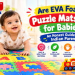 Baby doing tummy time on a Play Eva pizza puzzle mat"; "Toddler picking letters from an alphabet foam mat"; "Hindi varnamala foam puzzle tiles on a nursery floor"; "Grandmother teaching Hindi letters on a foam mat".