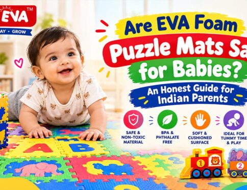 Baby doing tummy time on a Play Eva pizza puzzle mat"; "Toddler picking letters from an alphabet foam mat"; "Hindi varnamala foam puzzle tiles on a nursery floor"; "Grandmother teaching Hindi letters on a foam mat".