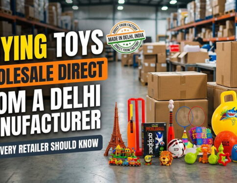 Shakti Rubber Industries toy manufacturing unit in Delhi"; "Retail display of Hello Friends bouncing ball jars at a billing counter"; "Volt Pro sports goods stacked in a distributor warehouse"; "Toy shop shelf with LED toys for Diwali