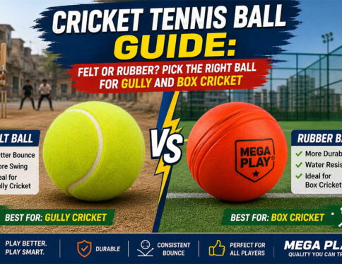 Volt Pro red felt cricket tennis balls on a concrete pitch"; "Kids playing gully cricket with a foam bat"; "Box cricket match on turf with a yellow tennis ball"; "Pack of six rubber core cricket tennis balls.