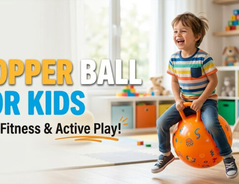 Child bouncing on a Hello Friends hopper ball on grass"; "Two kids racing on hopper balls in a hallway"; "Parent inflating a hopper ball with a foot pump"; "Toddler sitting on a hopper ball with feet flat on the floor