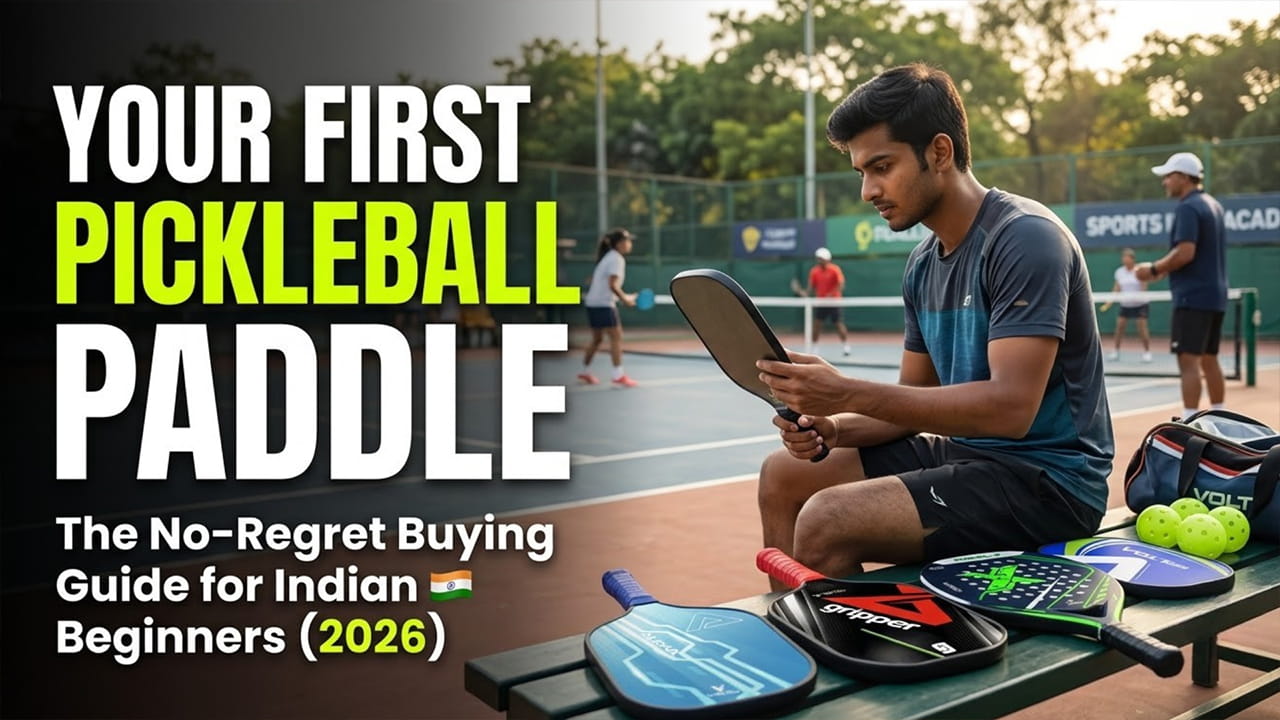 Beginner holding a Volt Pro Alpha pickleball paddle on a society court"; "40-hole outdoor pickleball balls in four colours"; "Close-up of a carbon fibre pickleball paddle face"; "Parent and child playing pickleball on a terrace.