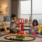 Child bouncing on a hopper ball in a living room"; "Kids shooting at a mini dino basketball hoop indoors"; "Girl doing kids' yoga on an anti-slip mat at home"; "Indoor obstacle course made with cushions and chairs".