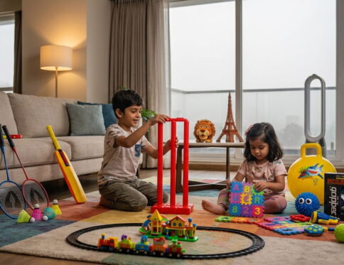 Child bouncing on a hopper ball in a living room"; "Kids shooting at a mini dino basketball hoop indoors"; "Girl doing kids' yoga on an anti-slip mat at home"; "Indoor obstacle course made with cushions and chairs".