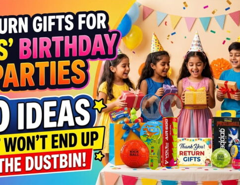 Jar of colourful mini bouncing balls for birthday return gifts"; "Return gift pouches with LED balls on a party table"; "Kids playing with return balls on wrist bands"; "Ghost monster balls for a Halloween birthday party"