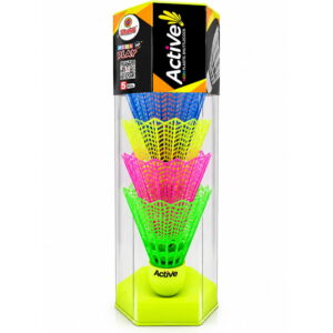 Volt Pro Plastic Badminton Shuttlecocks Pack of 5 featuring a durable plastic skirt and neon EVA cork base. Suitable for badminton practice, training sessions and recreational play. Assorted colours.
