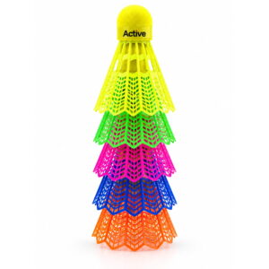 Volt Pro Plastic Badminton Shuttlecocks Pack of 5 featuring a durable plastic skirt and neon EVA cork base. Suitable for badminton practice, training sessions and recreational play. Assorted colours.