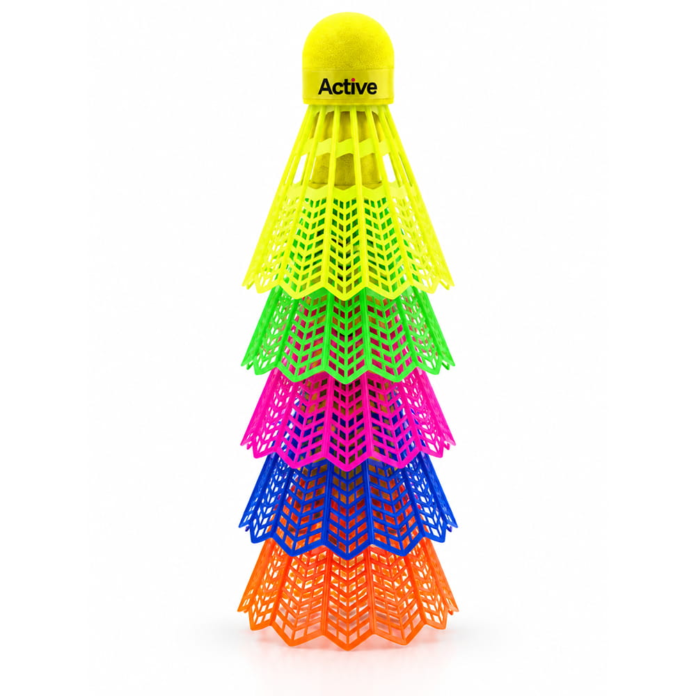 Volt Pro Plastic Badminton Shuttlecocks Pack of 5 featuring a durable plastic skirt and neon EVA cork base. Suitable for badminton practice, training sessions and recreational play. Assorted colours.