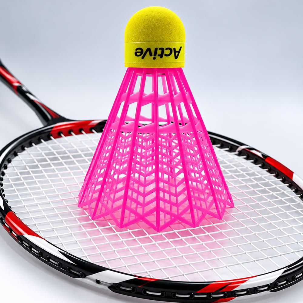 Volt Pro Plastic Badminton Shuttlecocks Pack of 5 featuring a durable plastic skirt and neon EVA cork base. Suitable for badminton practice, training sessions and recreational play. Assorted colours.