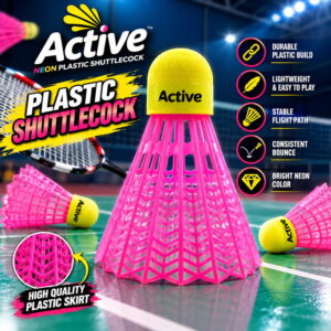 Volt Pro Plastic Badminton Shuttlecocks Pack of 5 featuring a durable plastic skirt and neon EVA cork base. Suitable for badminton practice, training sessions and recreational play. Assorted colours.