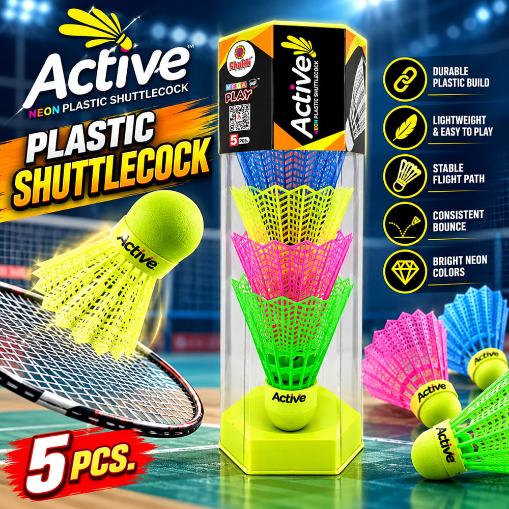 Volt Pro Plastic Badminton Shuttlecocks Pack of 5 featuring a durable plastic skirt and neon EVA cork base. Suitable for badminton practice, training sessions and recreational play. Assorted colours.